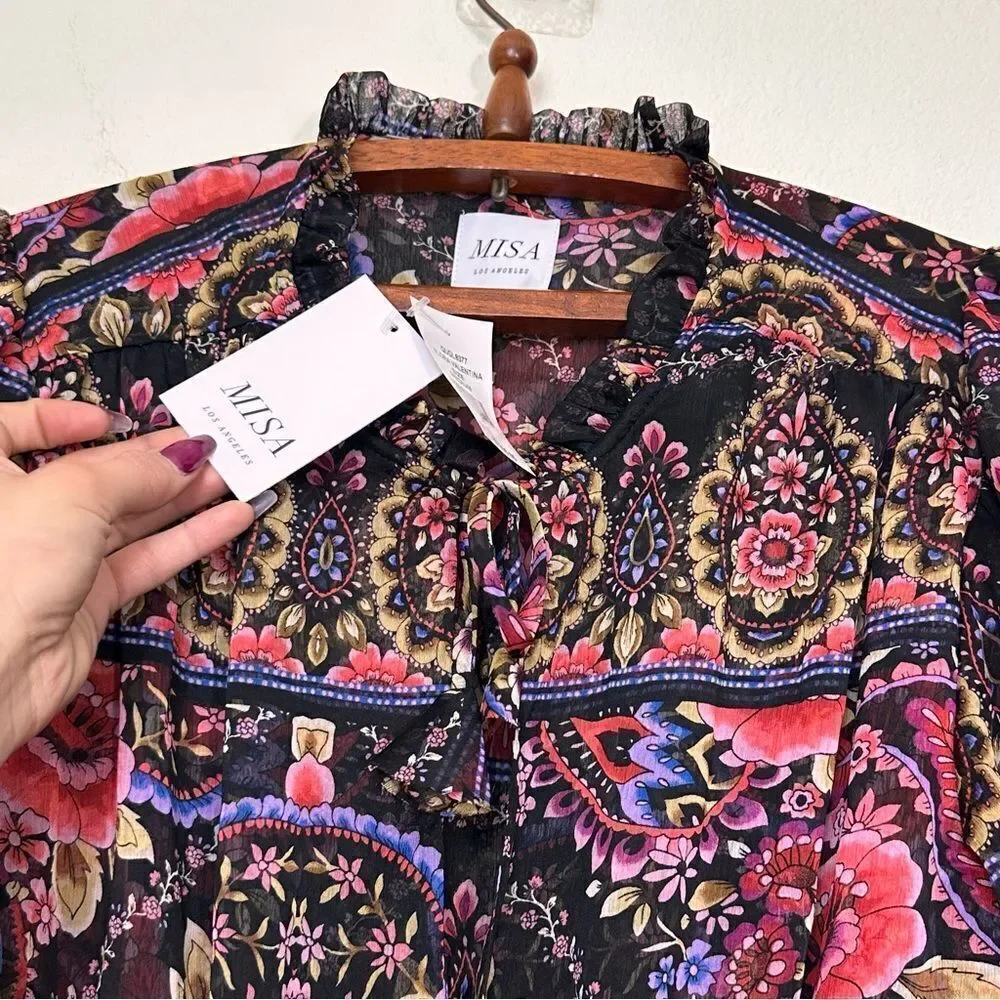 MISA Los Angeles Olivia Puff-Sleeve Floral Paisley Chiffon Midi Dress